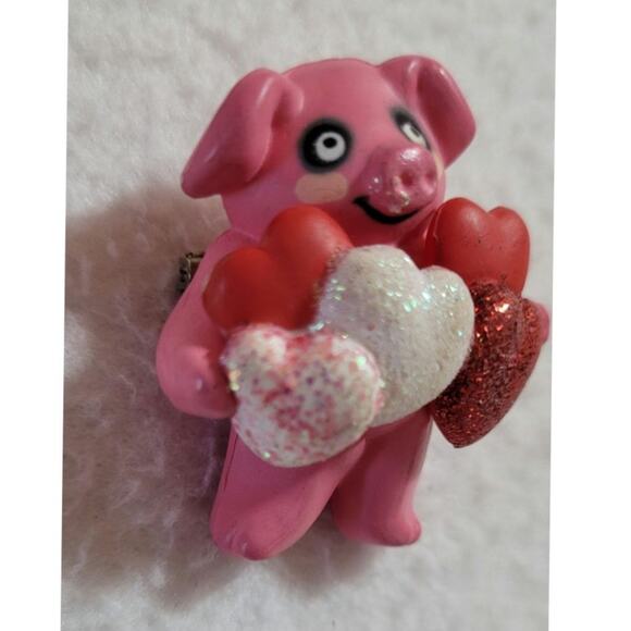 S Lehman 1984 Pink Pig Holding Hearts Glitter Brooch Pin Kawaii Twee Eclectic - Picture 2 of 8
